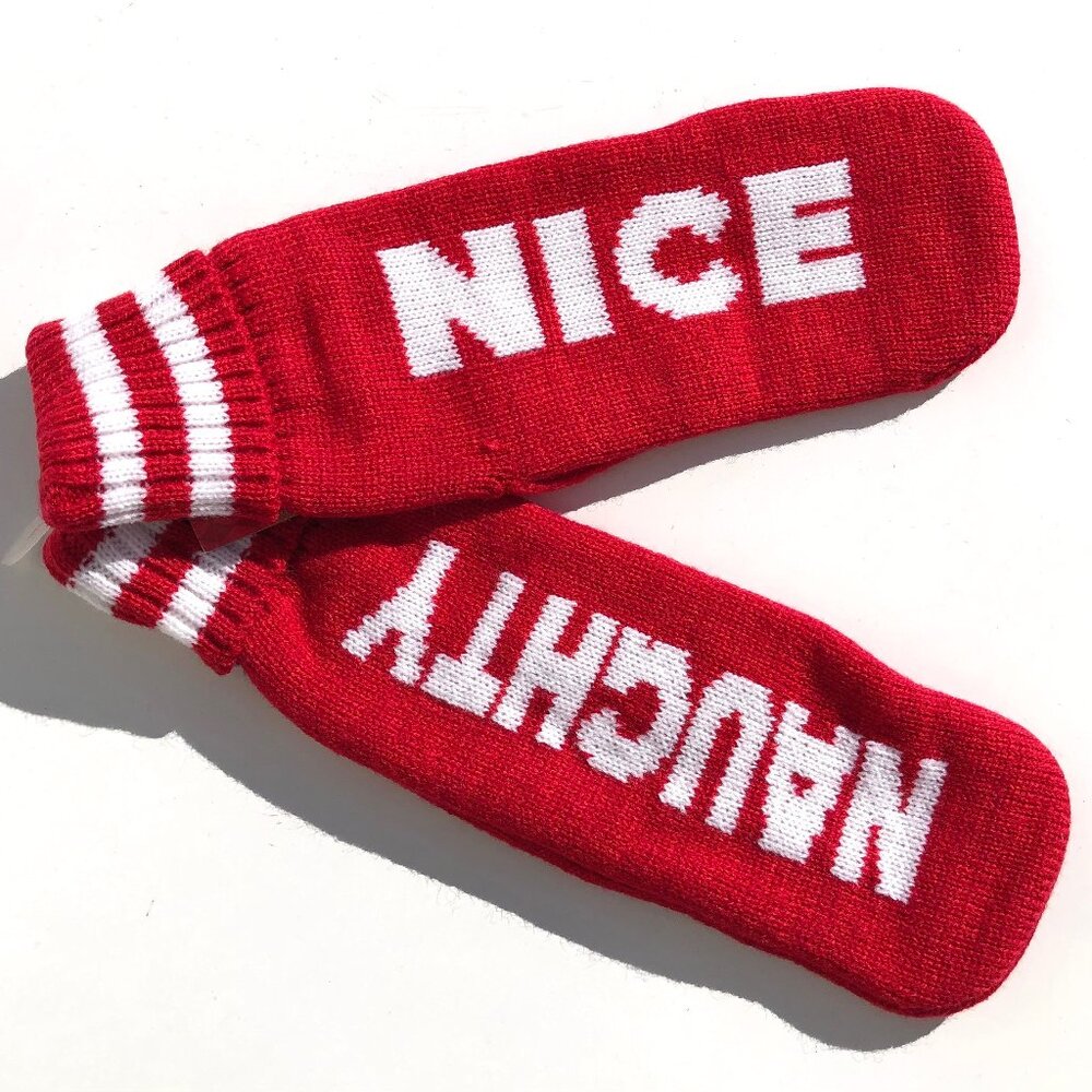 Warm Winter Mittens set one size fits all Red Naughty Nice Christmas OMG so UGLY